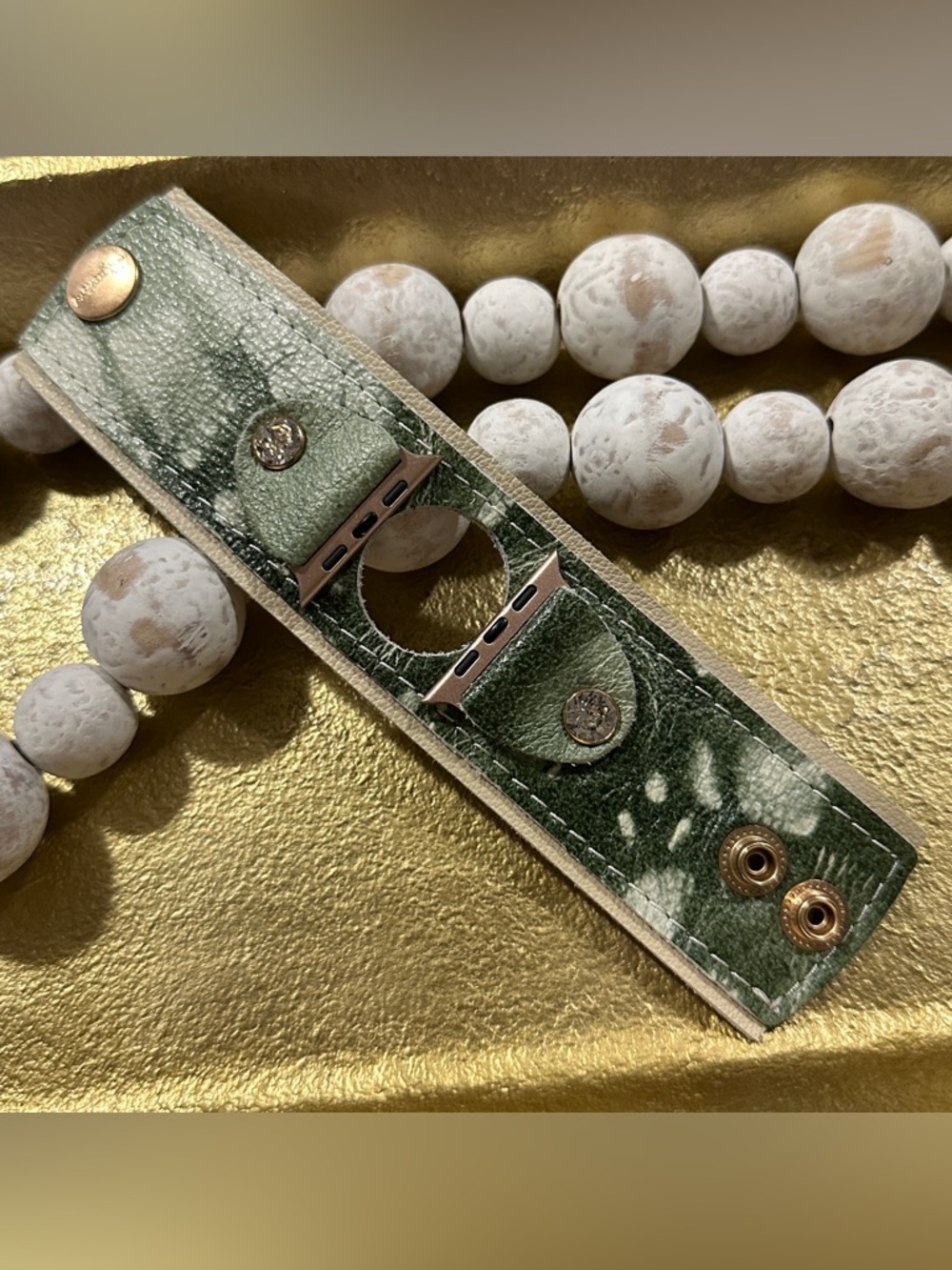 Leather Watch Cuff in Green Tie-Dye with Gold Hardware. Large adapters.